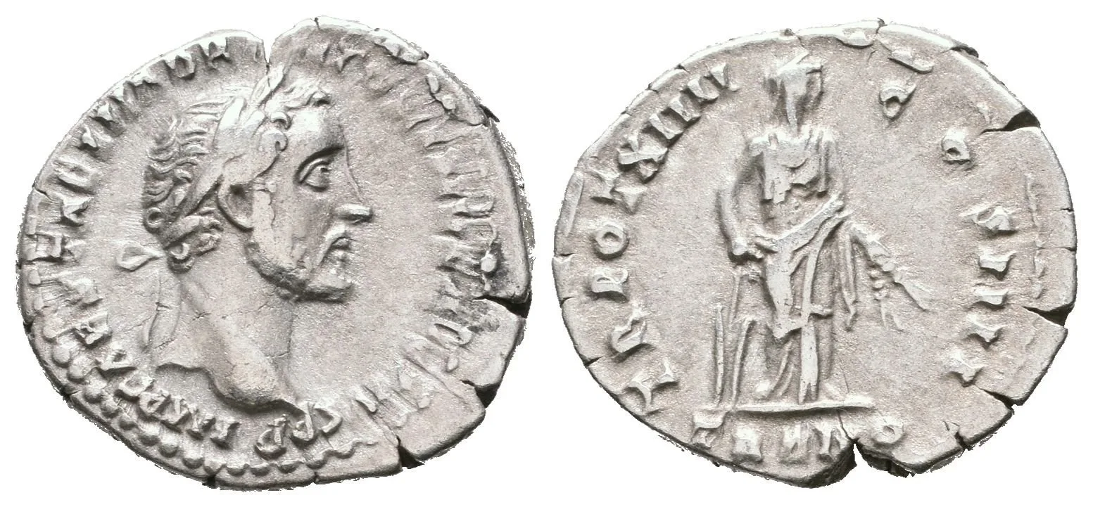Denár, 150 - 151, Rv: TR POT XIII COS IIII, v ex. TRANQ, stojící — 1
