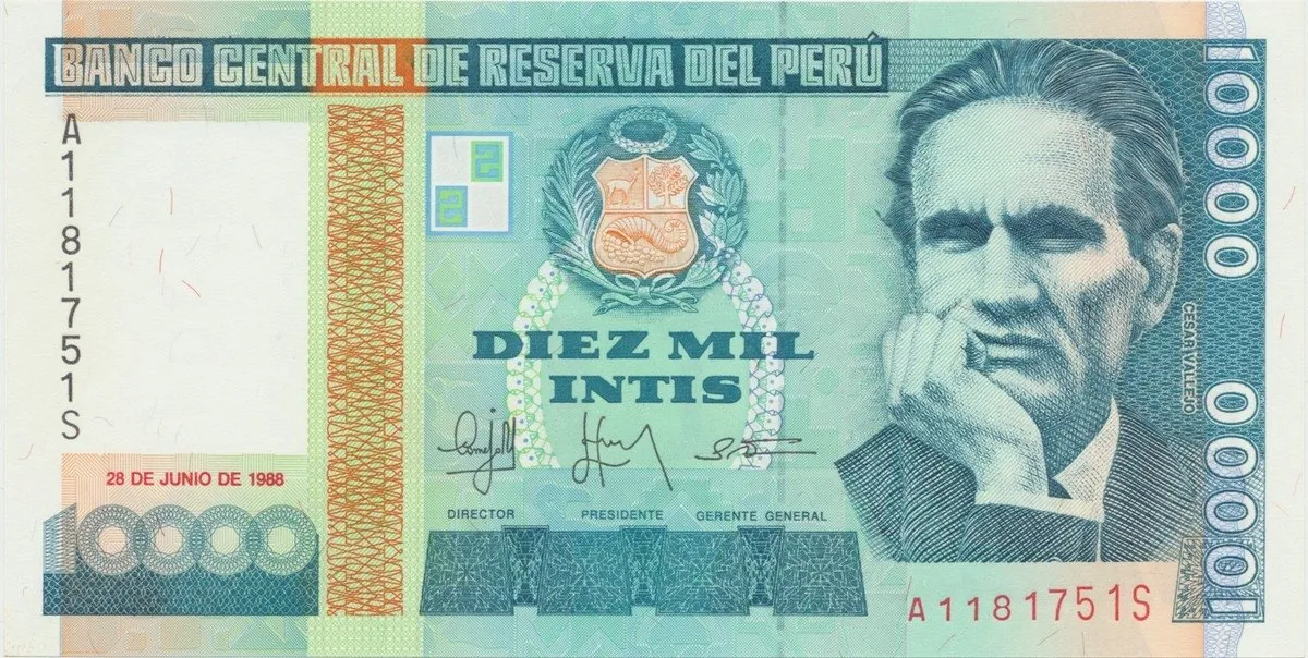 Peru, 10.000 Intis 1988, tisk IPS Roma, P.140