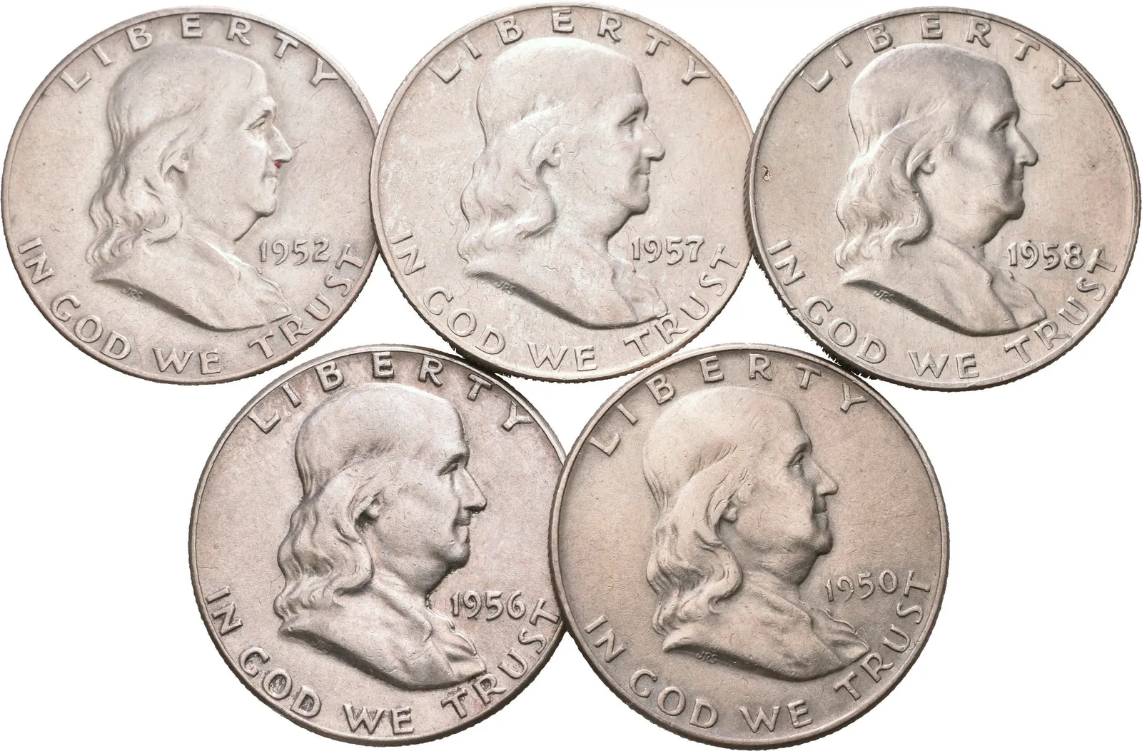 Soubor mincí - 1/2 Dollar 1950, 1952, 1956, 1957 a 1958, Ag 0,900 (12,50 g), — 1