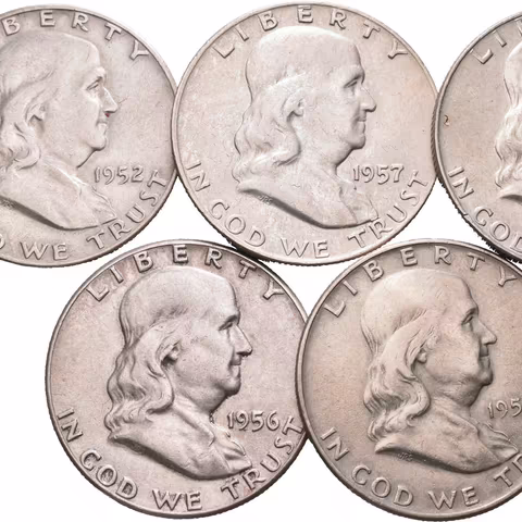Soubor mincí - 1/2 Dollar 1950, 1952, 1956, 1957 a 1958, Ag 0,900 (12,50 g),