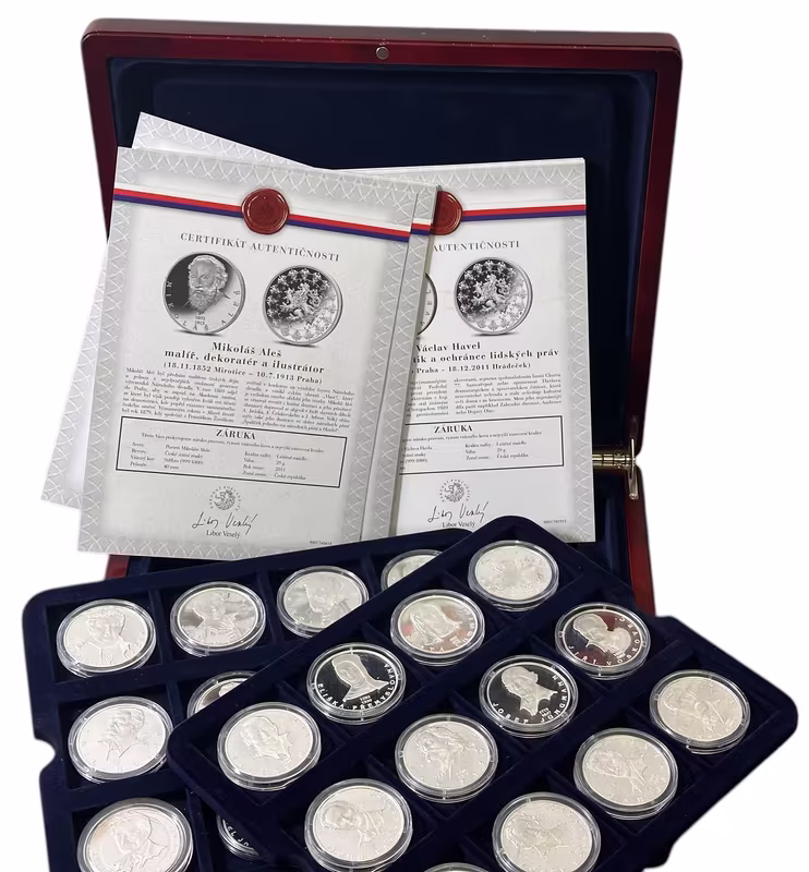 Sada - Největší osobnosti Českého národa - 24 Kusů (Ag 696g, 999/1000) + Etue, Certifikát, Proof