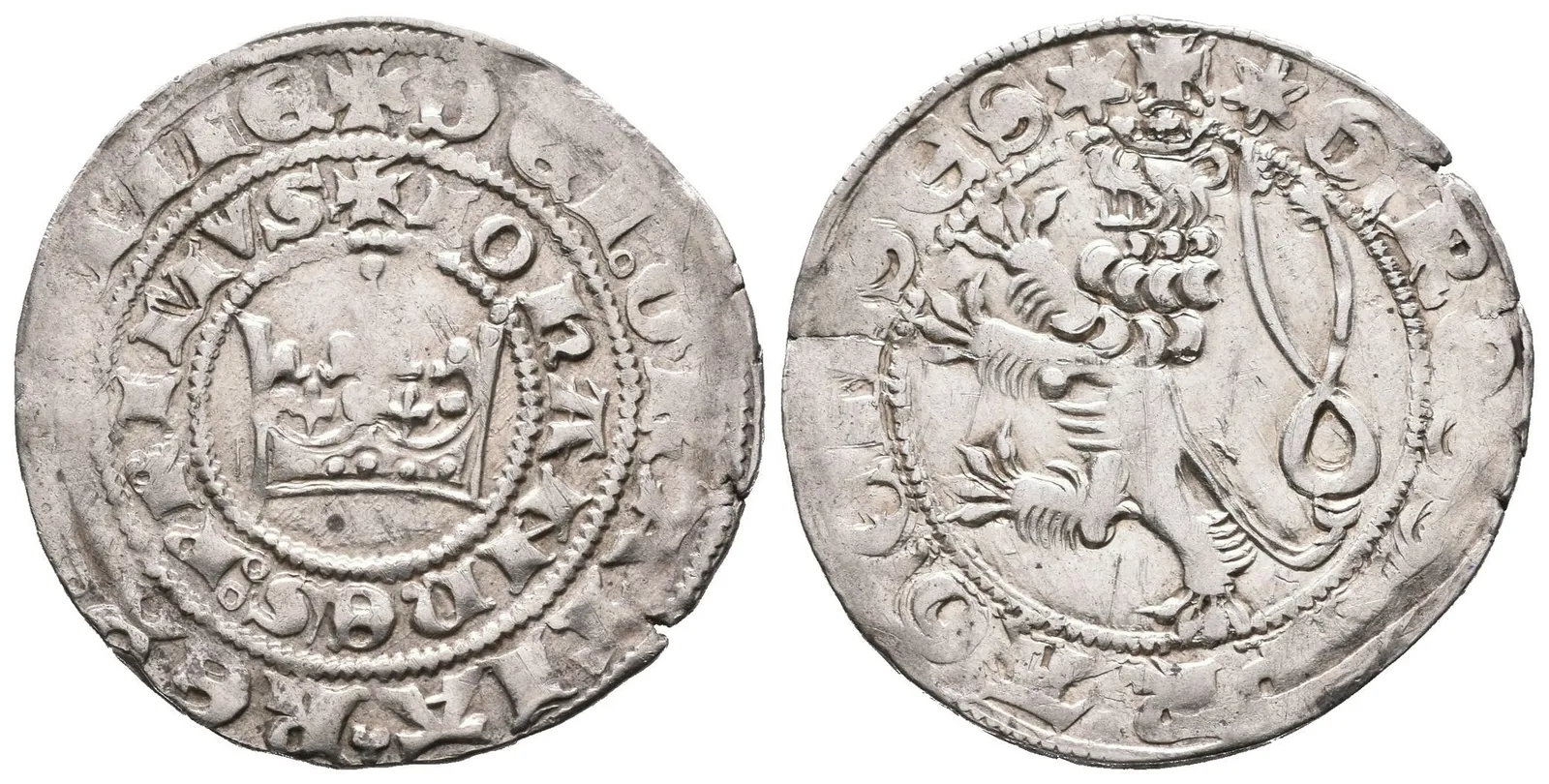 Pražský groš, Cn.36, vysoký štíhlý lev, rubní znaménko "prstýnek" — 1