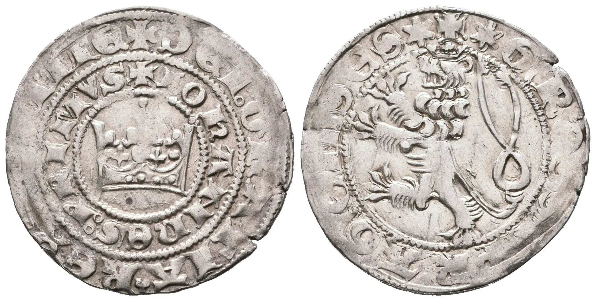 Pražský groš, Cn.36, vysoký štíhlý lev, rubní znaménko "prstýnek" — 1