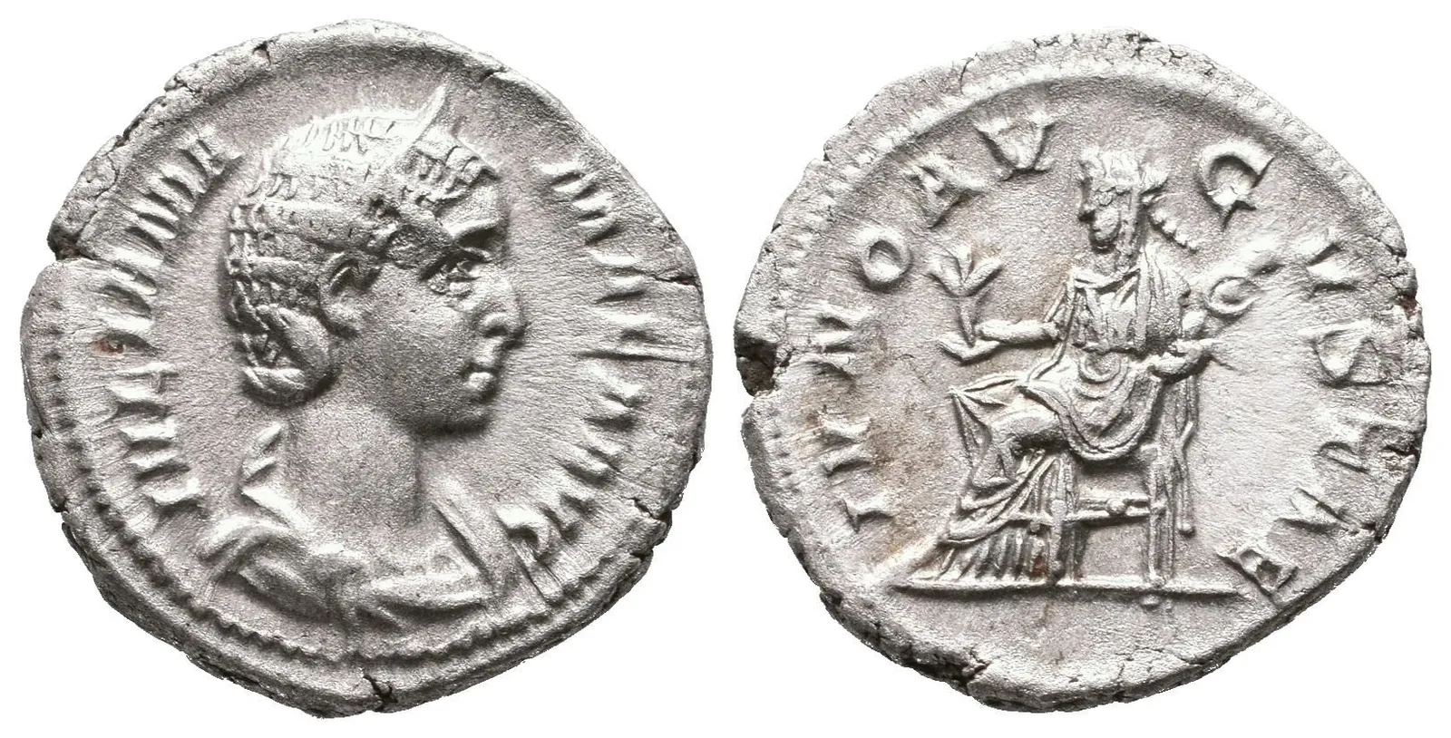Denár, Rv: IVNO AVGVSTAE, sedící Juno zleva drží květinu, RIC.341 (Alex. Severus), — 1