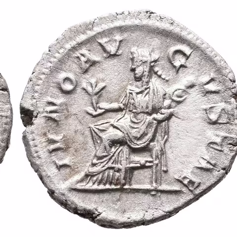 Denár, Rv: IVNO AVGVSTAE, sedící Juno zleva drží květinu, RIC.341 (Alex. Severus),