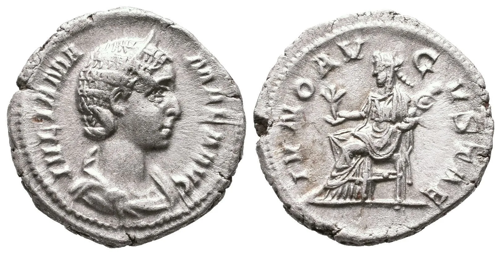Denár, Rv: IVNO AVGVSTAE, sedící Juno zleva drží květinu, RIC.341 (Alex. Severus), — 1