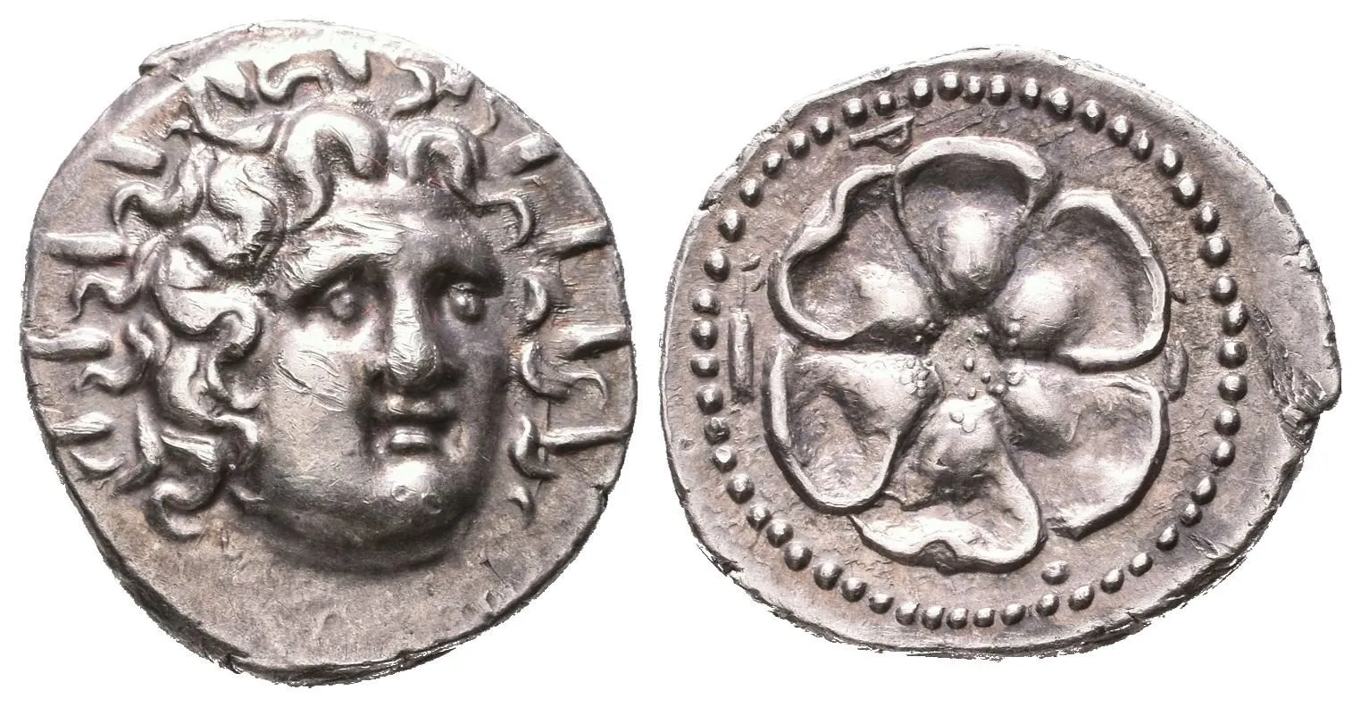 Drachma, 84 - 30 př. Kr., Hlava Helia s paprskovou korunou zprava / Otevřená růže v perlovci, — 1