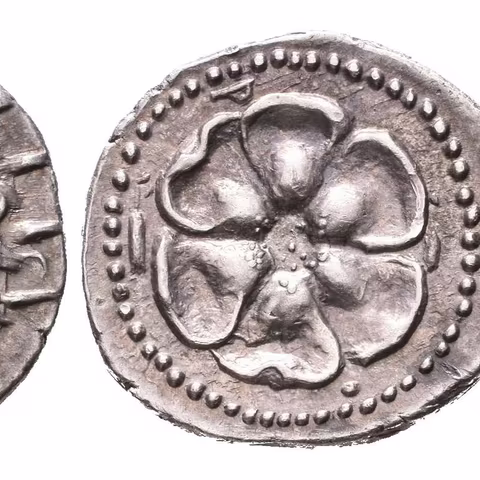 Drachma, 84 - 30 př. Kr., Hlava Helia s paprskovou korunou zprava / Otevřená růže v perlovci,