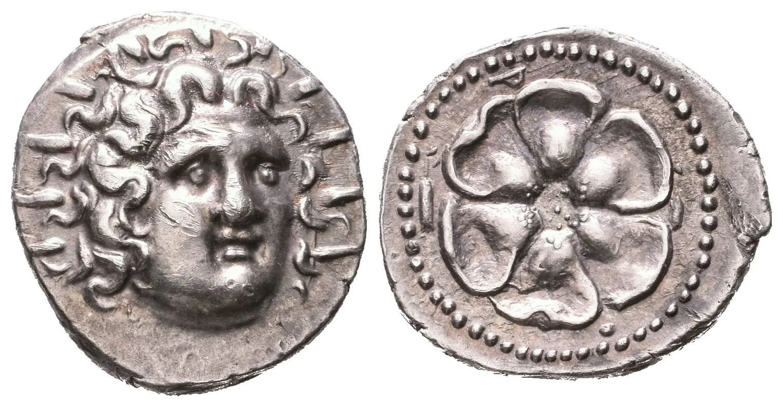 Drachma, 84 - 30 př. Kr., Hlava Helia s paprskovou korunou zprava / Otevřená růže v perlovci, — 1