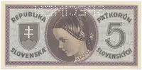Slovensko, 5 Koruna b.d. (1945), série A, perf. 1x SPECIMEN nahoře, Hej.55aAS1 - fotografie 2