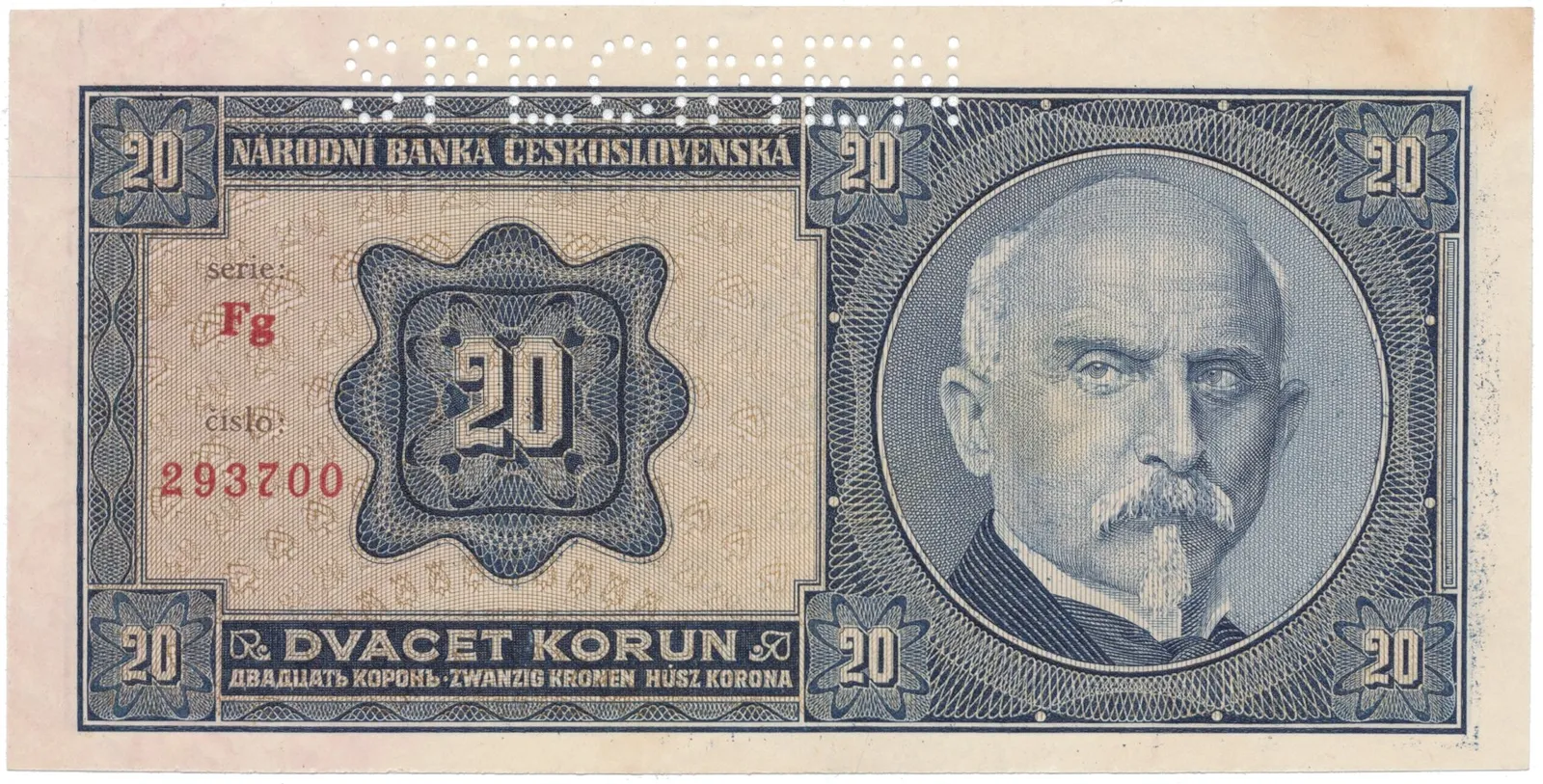 20 Koruna 1926, SPECIMEN z rubu, Hej.21c2.S2