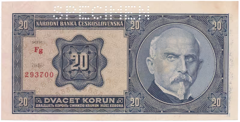20 Koruna 1926, SPECIMEN z rubu, Hej.21c2.S2
