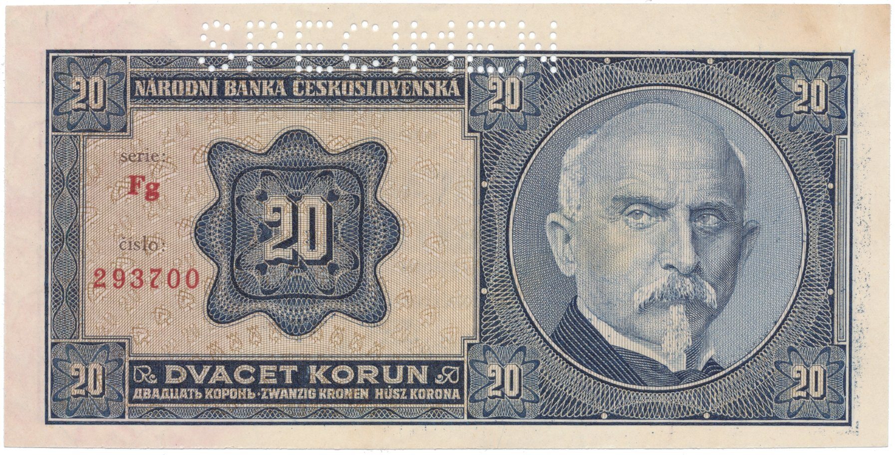 20 Koruna 1926, SPECIMEN z rubu, Hej.21c2.S2