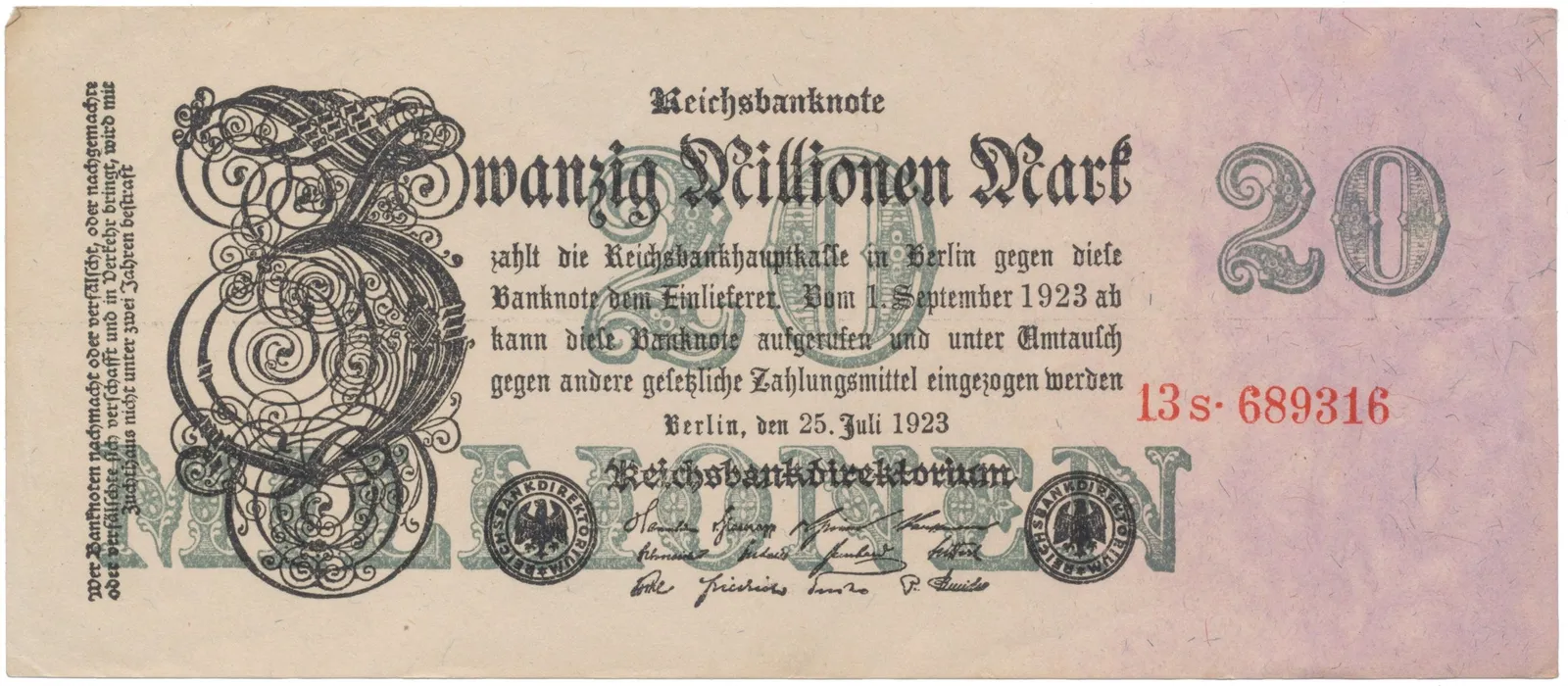 Německo, 20 Millionen Mark 1923, Ro.96b
