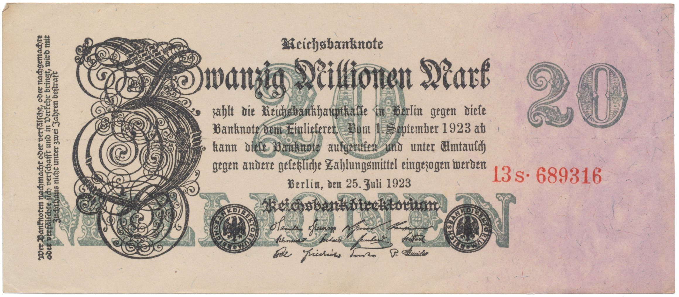 Německo, 20 Millionen Mark 1923, Ro.96b