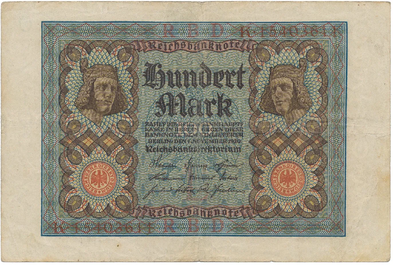 Německo, 100 Mark 1920, 8-místný číslovač, Ro.67b