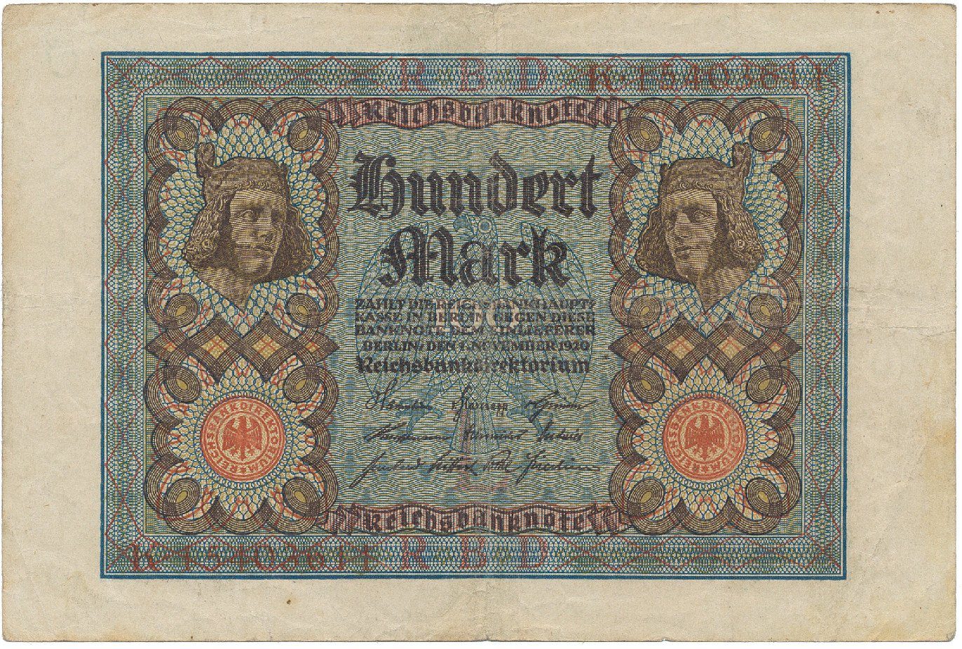 Německo, 100 Mark 1920, 8-místný číslovač, Ro.67b