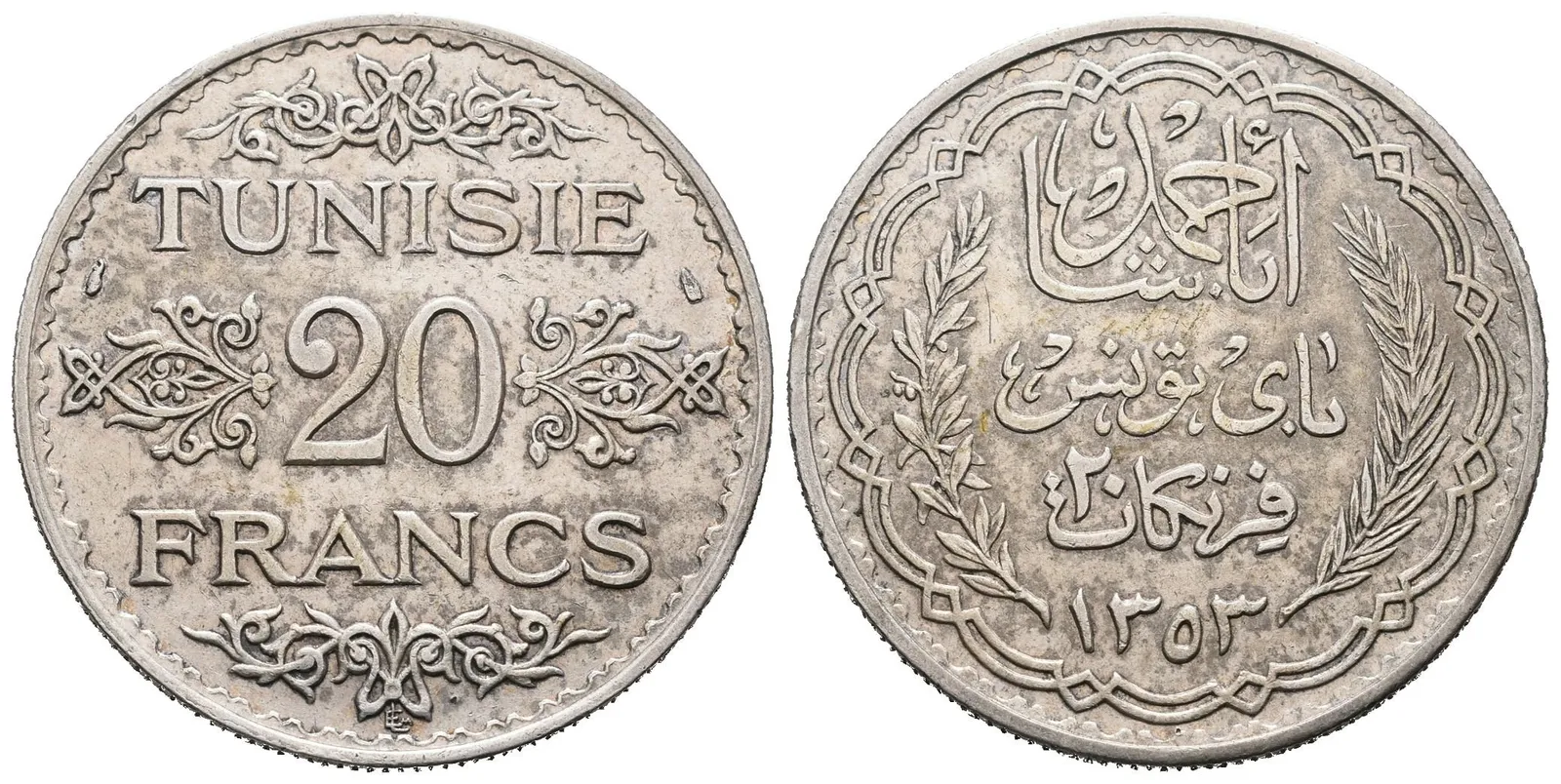 Tunis, 20 Frank AH 1353 (AD 1935)