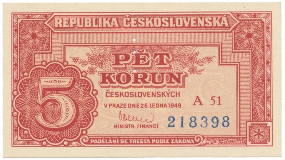 5 Koruna 1949, perforace 3 m.d., Hej.83a2S1