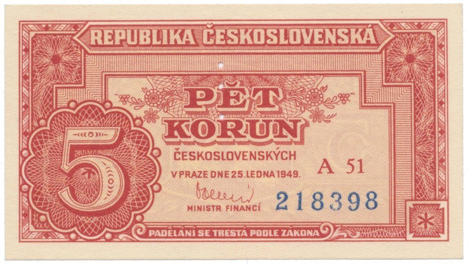 5 Koruna 1949, perforace 3 m.d., Hej.83a2S1