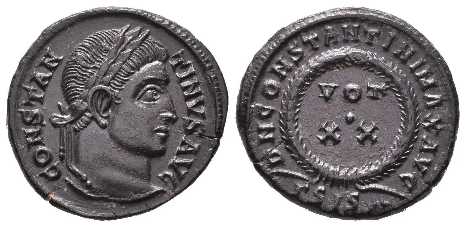 Follis, Siscia, 321-324, Rv: DN CONSTANTINI MAX AVG, VOT XX ve věnci, — 1