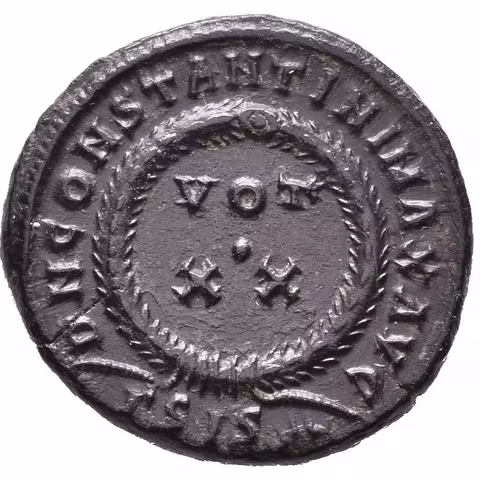Follis, Siscia, 321-324, Rv: DN CONSTANTINI MAX AVG, VOT XX ve věnci,