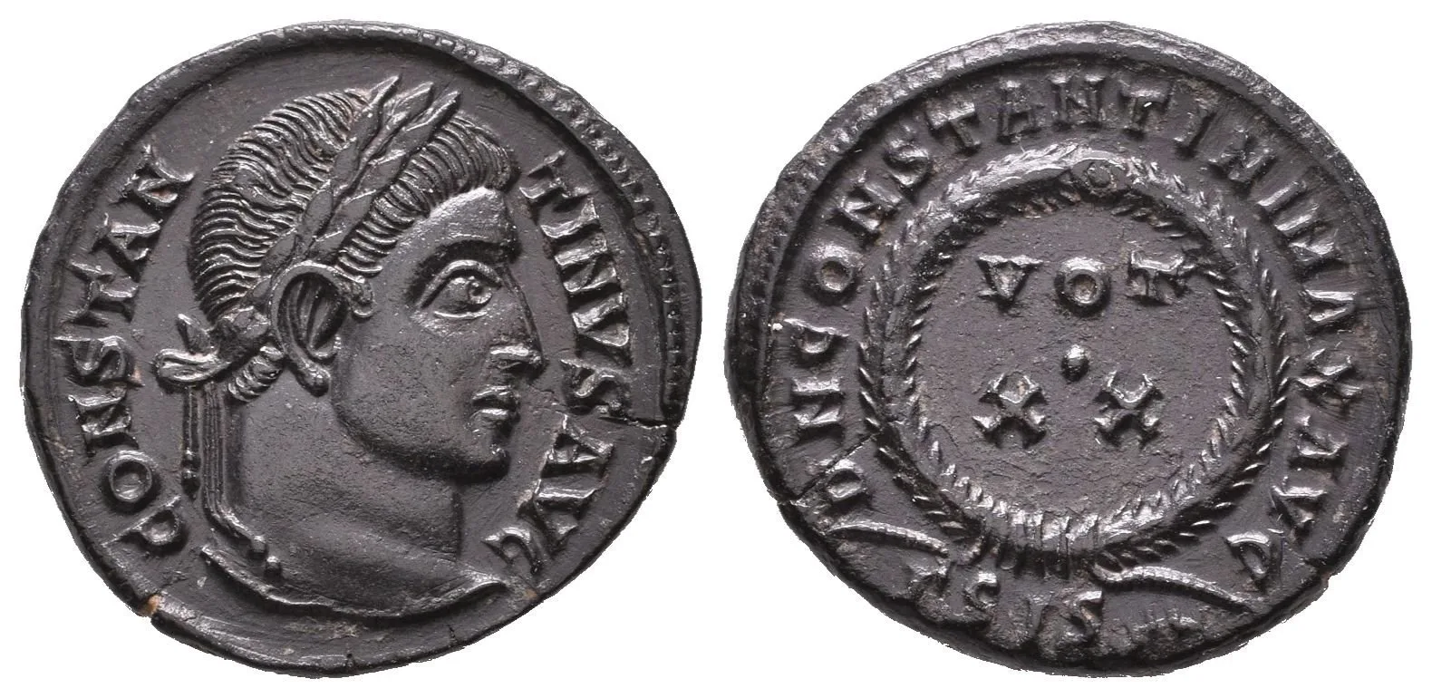 Follis, Siscia, 321-324, Rv: DN CONSTANTINI MAX AVG, VOT XX ve věnci, — 1