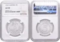 5 Schilling 1957, J.457, certifikace NGC, hodnocení AU 58, krásná zachovalost_RR! — 2