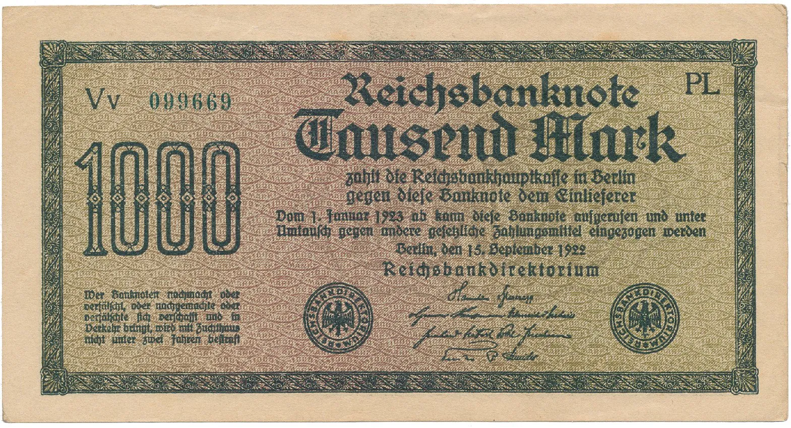 Německo, 1000 Mark 1922, vod. Gitter, zelené 6-místné číslo, Ro.75m