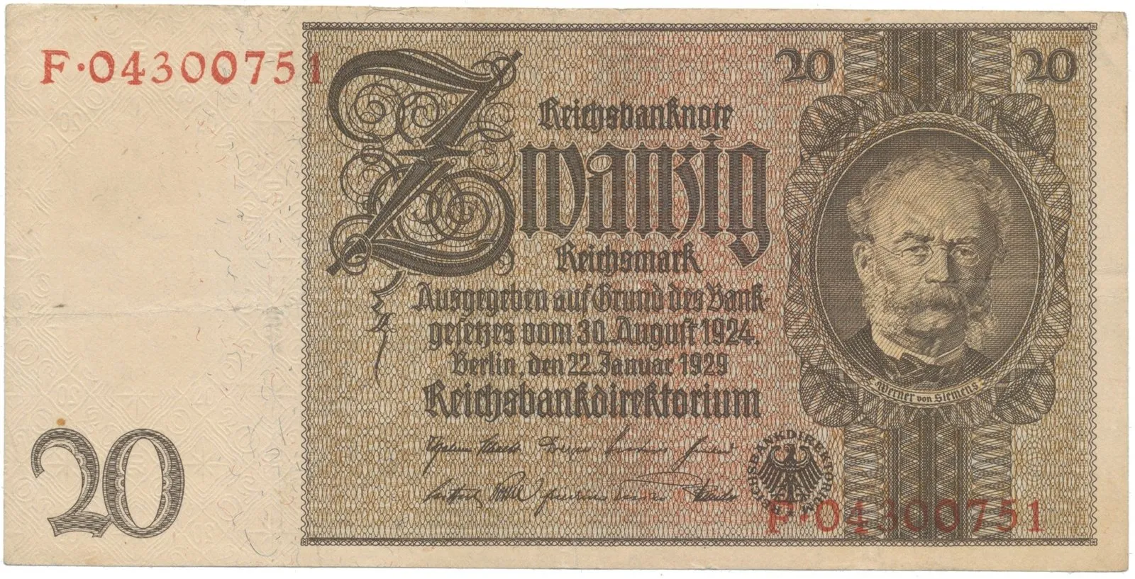 Německo, 20 Reichsmark 1929, válečná, Hej.D3d