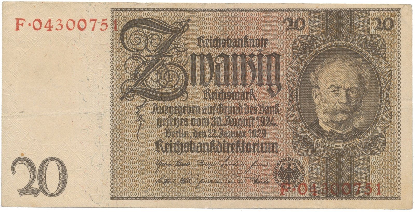 Německo, 20 Reichsmark 1929, válečná, Hej.D3d