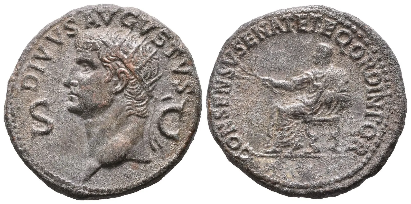Dupondius, 37 - 41, DIVVS AVGVSTVS S C, hlava Augusta zleva / CONSENSV SENAT ET EQ — 1