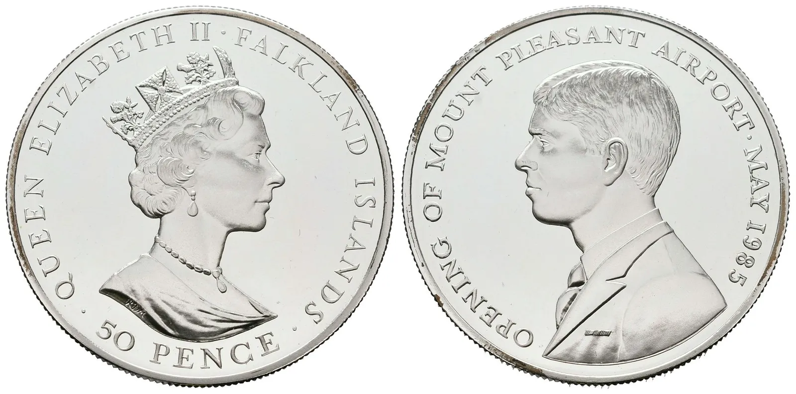 Falklandy, 50 Pence 1985 - Otevření letiště Mount Pleasant