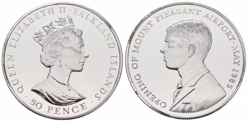 Falklandy, 50 Pence 1985 - Otevření letiště Mount Pleasant