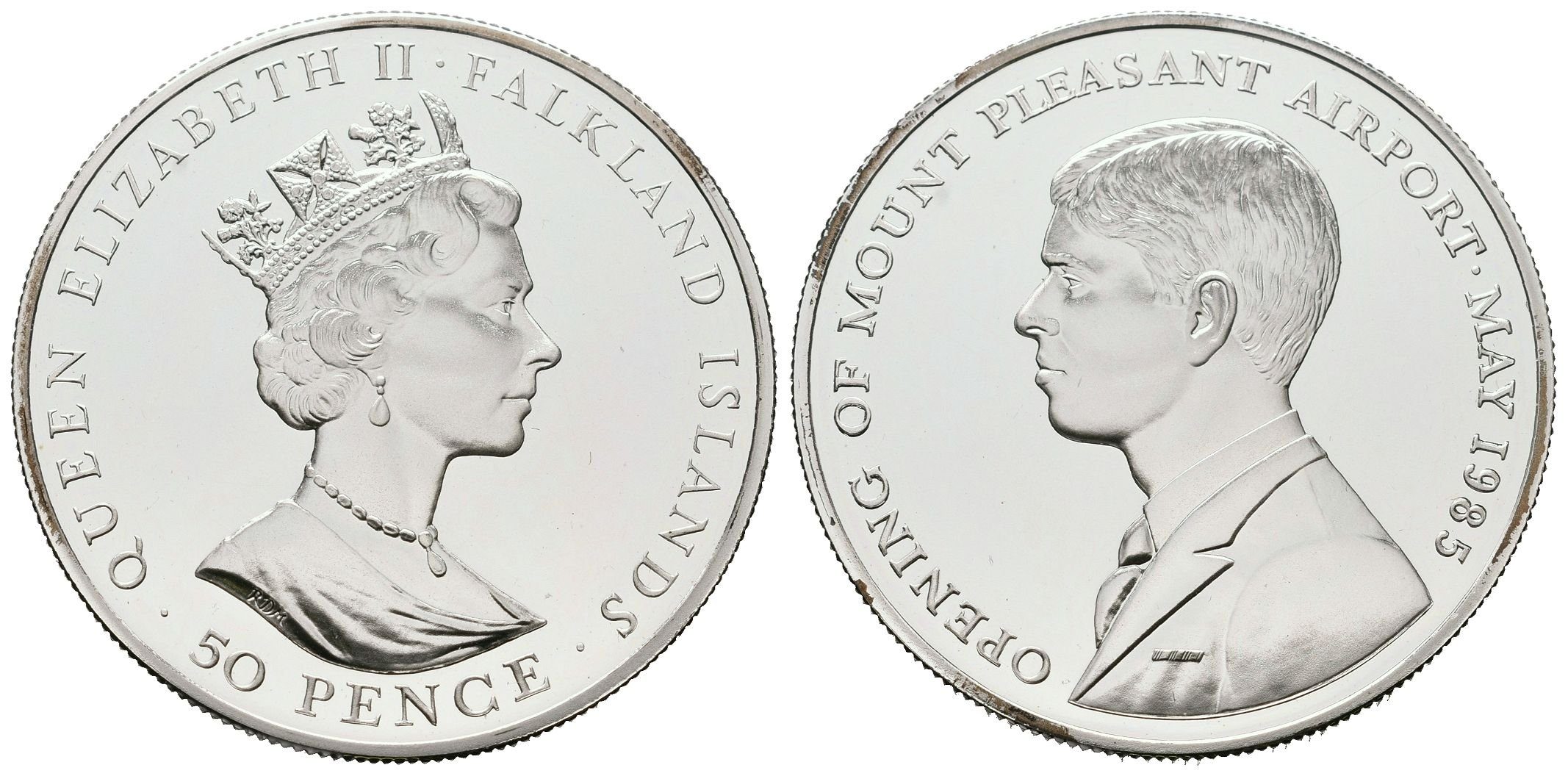 Falklandy, 50 Pence 1985 - Otevření letiště Mount Pleasant