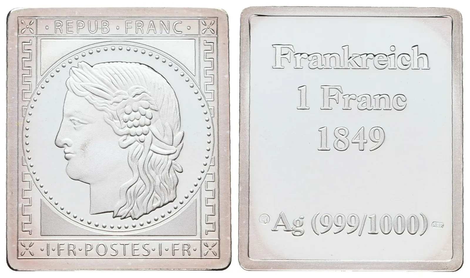 Stříbrná známka - Ceres 1849 - 1 Frank - Ag 7 g - 999/1000