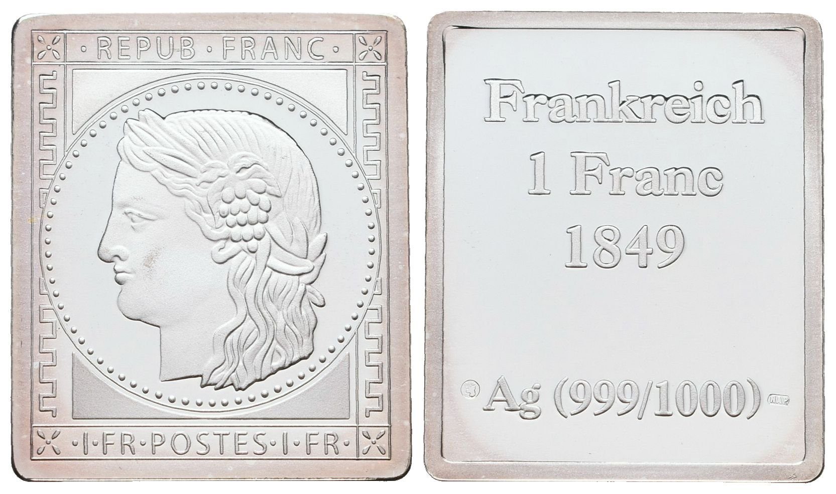 Stříbrná známka - Ceres 1849 - 1 Frank - Ag 7 g - 999/1000
