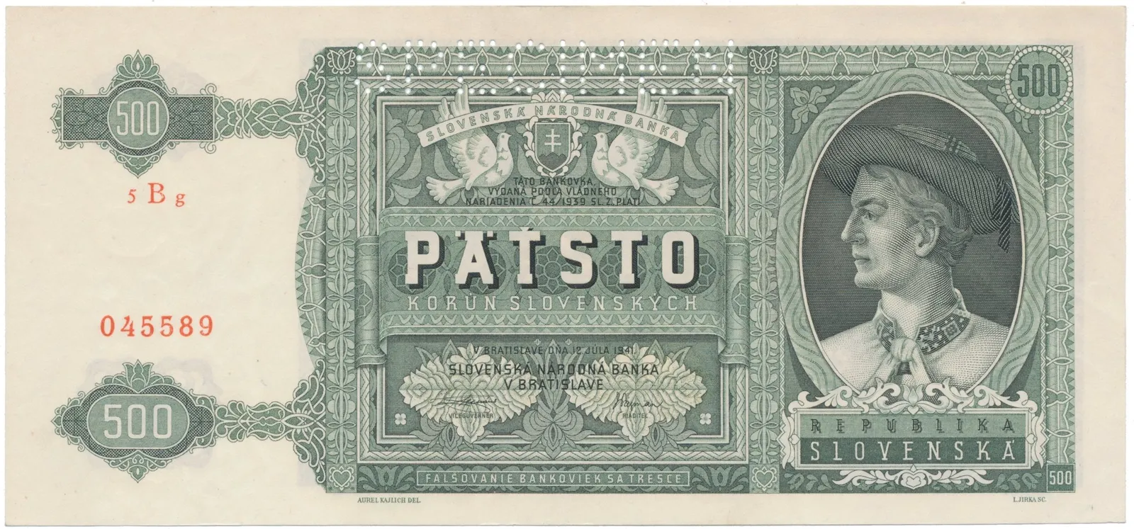 500 Koruna 1941, série 5Bg, Hej.52a.S1