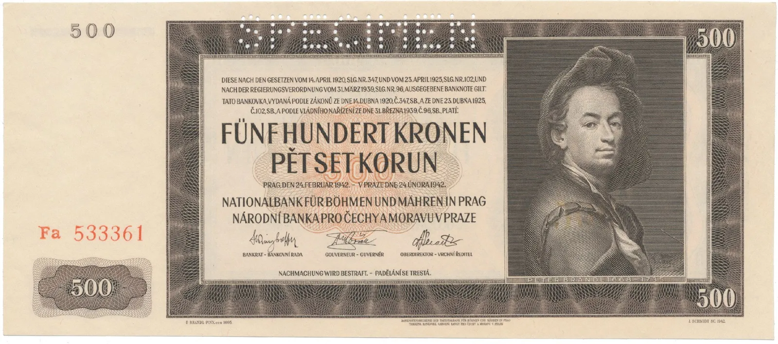 500 Koruna 1942, II. vydání, SPECIMEN, Hej.36a.S1