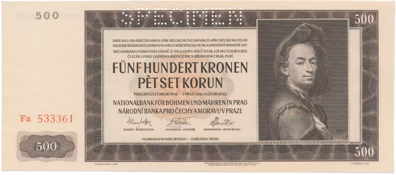 500 Koruna 1942, II. vydání, SPECIMEN, Hej.36a.S1