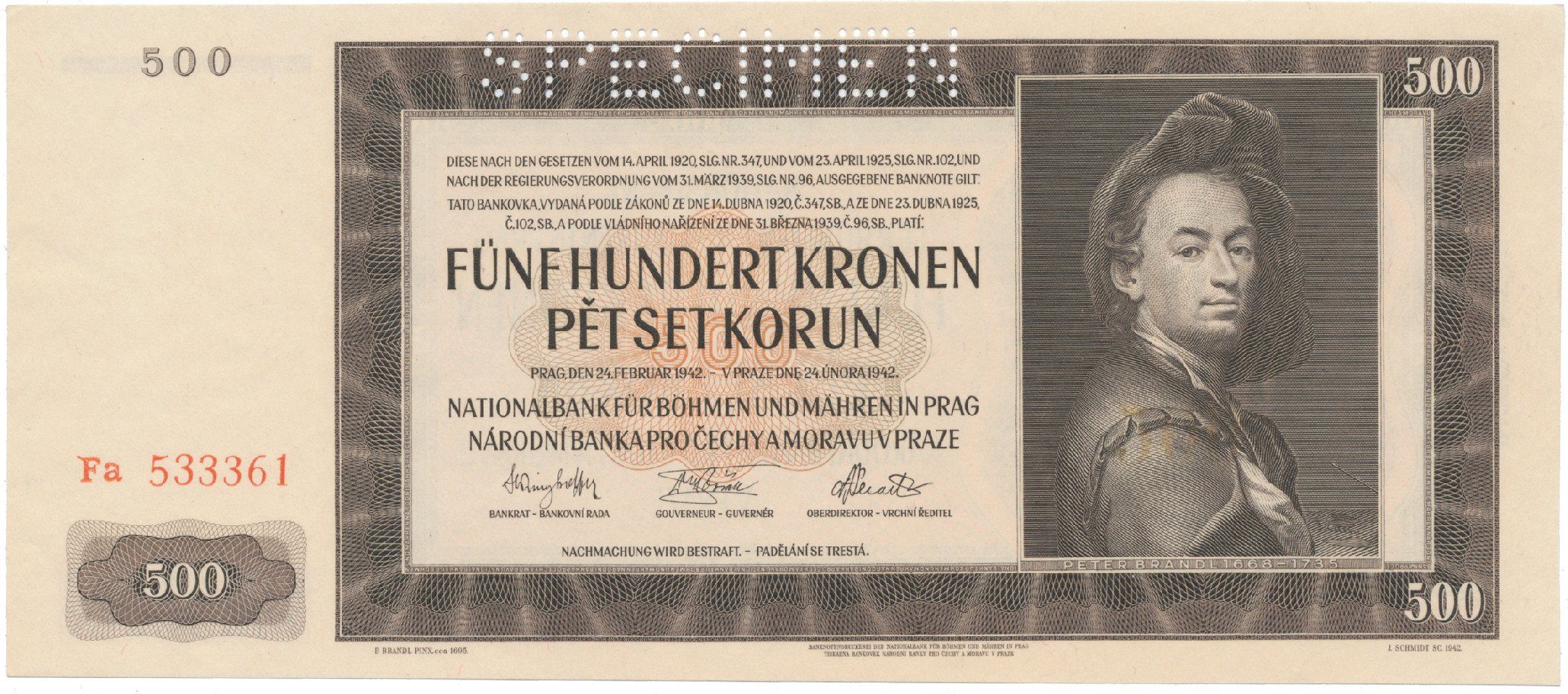 500 Koruna 1942, II. vydání, SPECIMEN, Hej.36a.S1