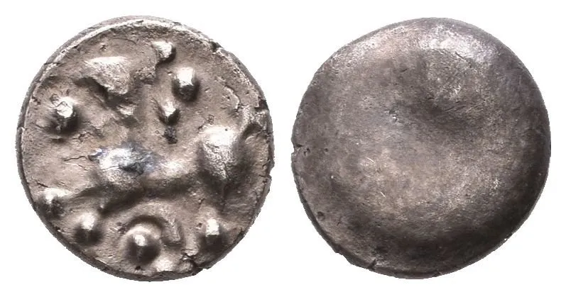 AR Obol, typ Němčice/Roseldorf II, Hladký hrbol / Koník zleva, pod nohama tečka — 1
