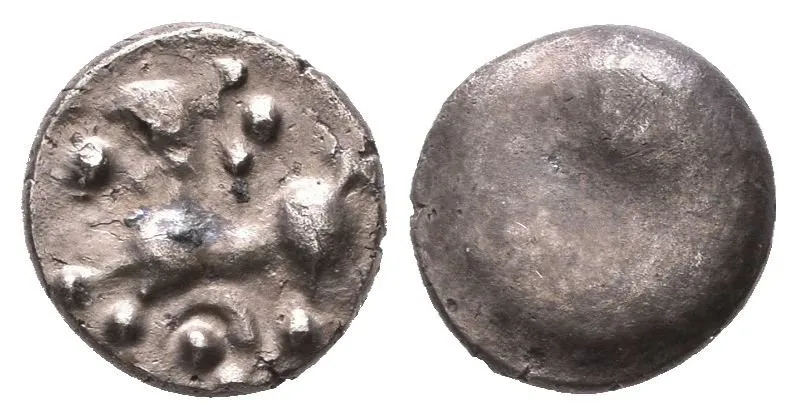 AR Obol, typ Němčice/Roseldorf II, Hladký hrbol / Koník zleva, pod nohama tečka — 1