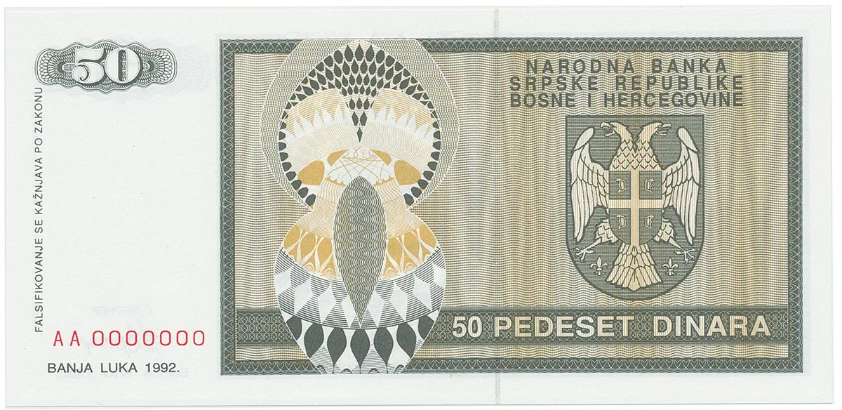 Bosna a Hercegovina, 50 Dinara 1992, anulát, AA 0000000, P.134
