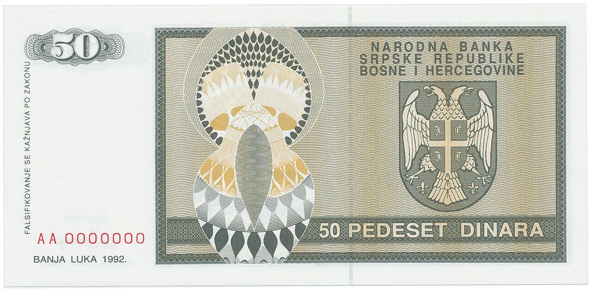 Bosna a Hercegovina, 50 Dinara 1992, anulát, AA 0000000, P.134