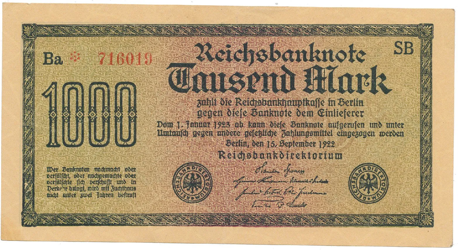 Německo, 1000 Mark 1922, vod. Dornen, Ro.75d