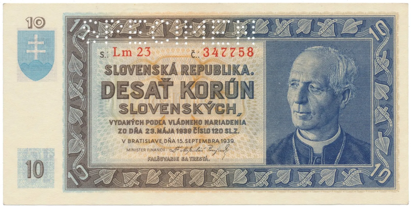 10 Koruna 1939, série Lm 23, SPECIMEN, Hej.49a2.S1