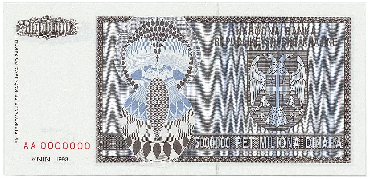 Chorvatsko - Srbská Krajina, 5.000.000 Dinara 1993, anulát, AA 0000000, P.R11