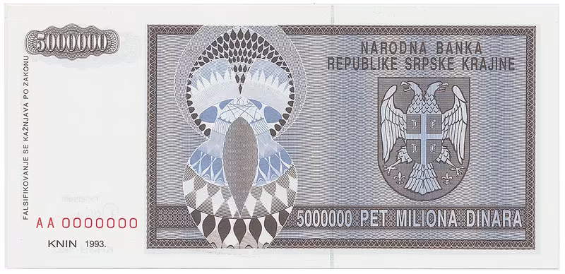 Chorvatsko - Srbská Krajina, 5.000.000 Dinara 1993, anulát, AA 0000000, P.R11