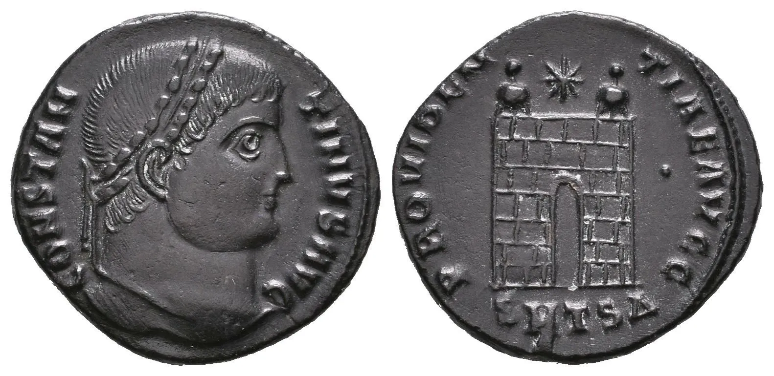 Follis, Thessalonica, 326-328, Rv: PROVIDENTIAE AVGG, táborová brána, — 1